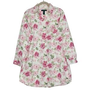 LAUREN RALPH LAUREN Flannel Sleep Shirt Small Pink Big Rose Floral Monogram EUC